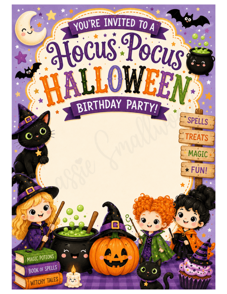 cute Hocus Pocus Halloween birthday party invitation free printable pdf, fun halloween birthday party invite for kids blank template