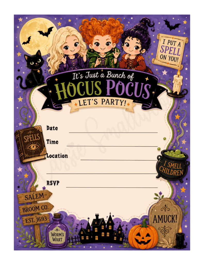 Hocus Pocus Halloween party invitation free printable pdf, cute Halloween party invitations for kids, Halloween invites free printable