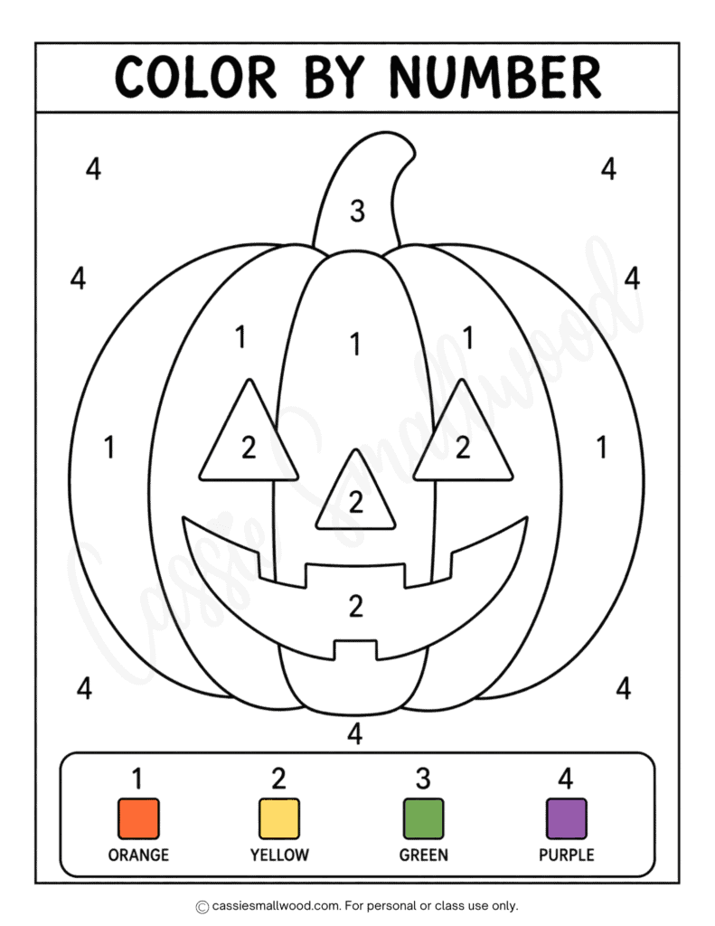 easy jack o lantern color by number for Halloween free printable pdf, simple Halloween color by number for preschool, Halloween worksheets kindergarten, easy Halloween coloring pages for kids, 1st grade Halloween activity sheets