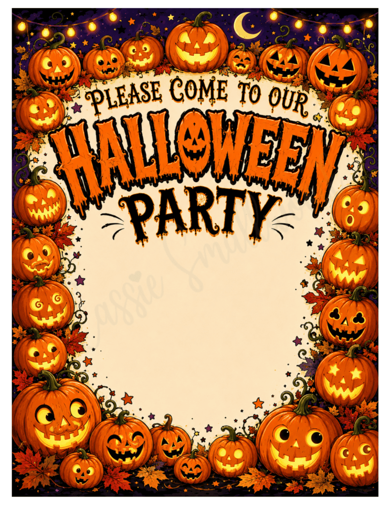 jack o lantern Halloween party invitation free printable pdf, cute Halloween party invitations for kids, Halloween party invite blank template