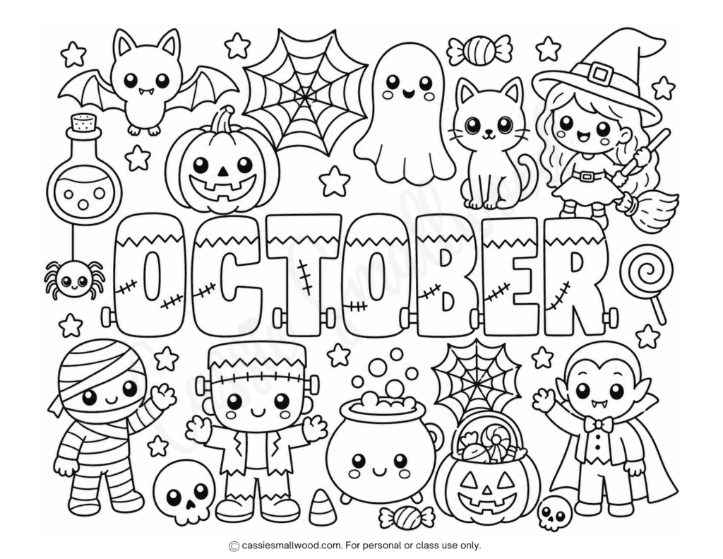 cute kawaii Halloween October coloring page for kids free printable pdf, kawaii Halloween coloring pages, easy October coloring sheet for preschoolers toddlers kindergarten