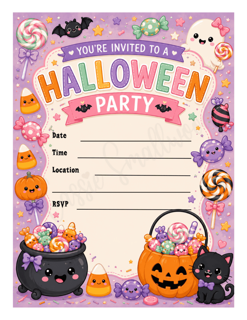 kawaii Halloween party invitation free printable pdf, kids Halloween party invitation cute, preschool halloween party invite save the date