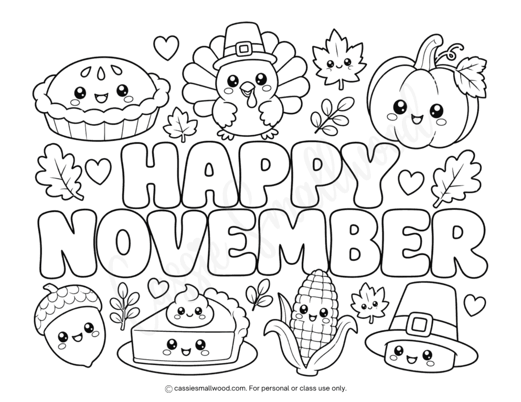 kawaii Thanksgiving happy November coloring sheet for kids free printable pdf, easy November coloring page toddlers, preschool coloring sheet for November, kawaii fall coloring page kindergarten