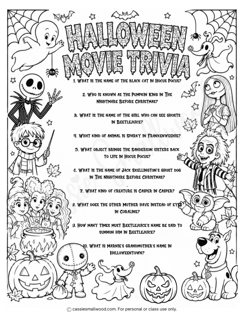 Kids Halloween movie trivia questions free printable pdf, easy Halloween trivia questions for kids, fun halloween trivia game, fun Halloween classroom activities free printable, Halloween coloring page for kids, Halloween worksheets for elementary students