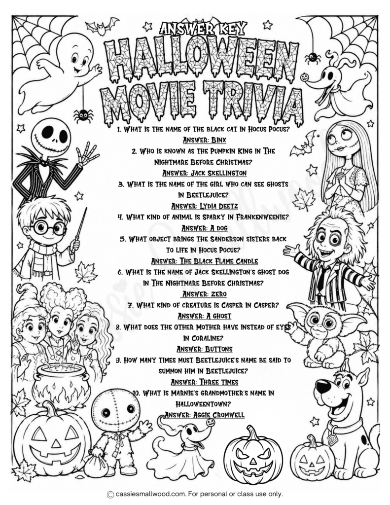 kids Halloween movie trivia questions and answers free printable pdf, Halloween classroom activities for kids, fun Halloween games, halloween quiz for kids