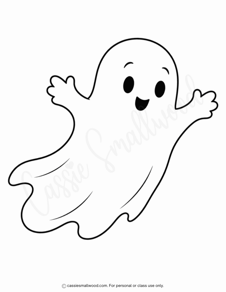 free printable large flying ghost template pdf, cute ghost stencil full page, big friendly ghost outline cartoon Halloween aesthetic, easy ghost cutout for kids preschool toddlers kindergarten crafts