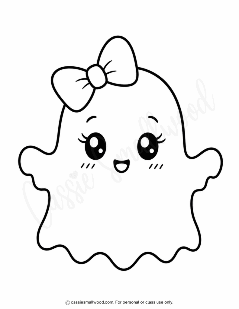large girl ghost with bow stencil free printable pdf, girl ghost template kawaii full page, girl ghost outline cut out Halloween big