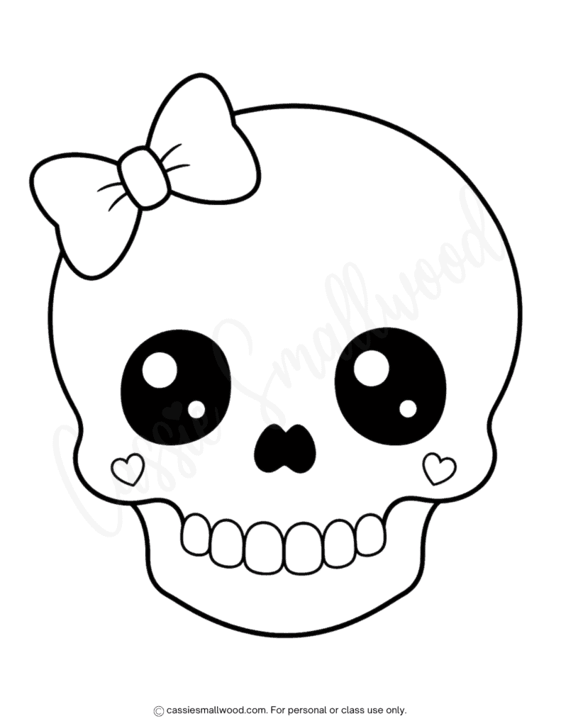 large girl skull stencil free printable pdf, big girl skull template with bow, cute skull with bow outline, front facing female skull pattern for crafts free download