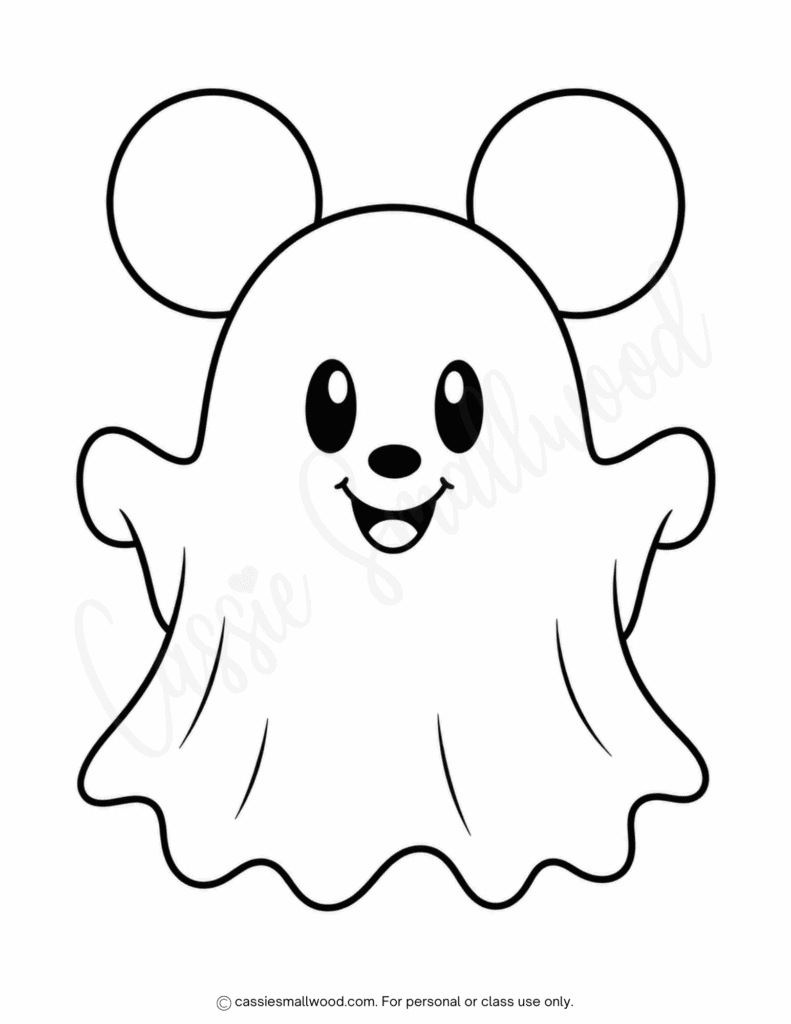 large Mickey ghost outline free printable pdf, big mouse ghost template free download, Halloween Mickey ghost stencil full page