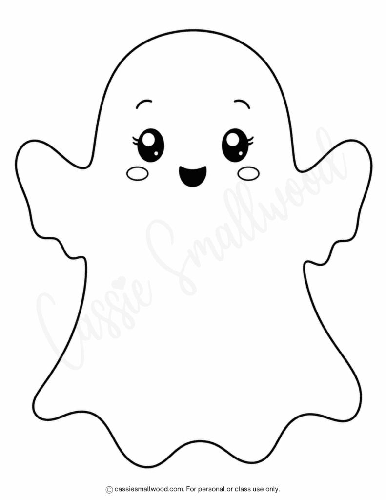 large puffy ghost template free printable pdf, easy ghost stencil, cute simple kawaii ghost outline cut out Halloween crafts
