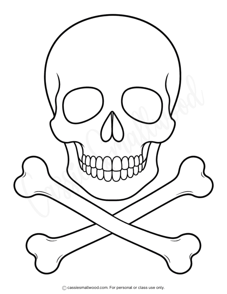free printable large skull and crossbones template pdf, big skull and crossbones stencil, skull and crossbones outline, full page skull and crossbones cutout pattern for Halloween crafts and papercrafts