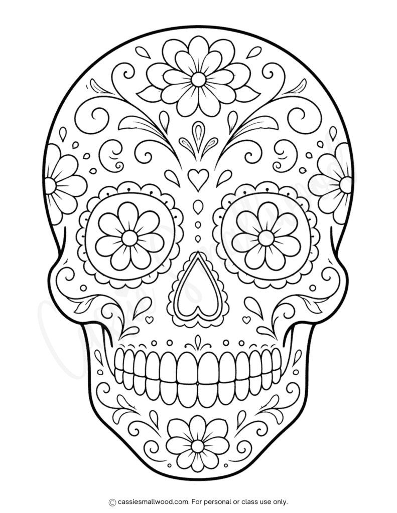 large sugar skull template free printable pdf, big sugar skull stencil, full page sugar skull outline, sugar skull pattern large, sugar skull coloring page