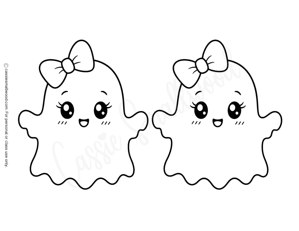 medium sized girl ghost with bow templates free printable pdf, cute kawaii ghost outline free download, friendly cartoon ghost stencil for Halloween crafts