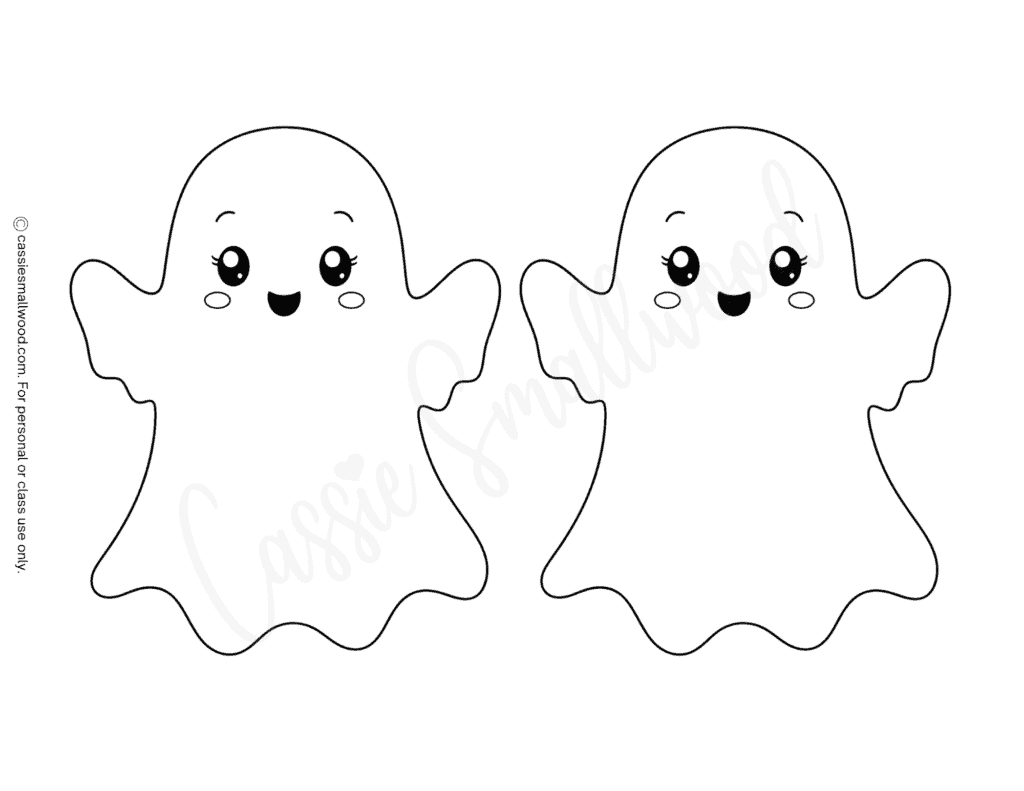 medium size puffy ghost outline free printable pdf, cute kawaii ghost template free download, simple ghost stencil preschool toddlers kindergarten Halloween crafts