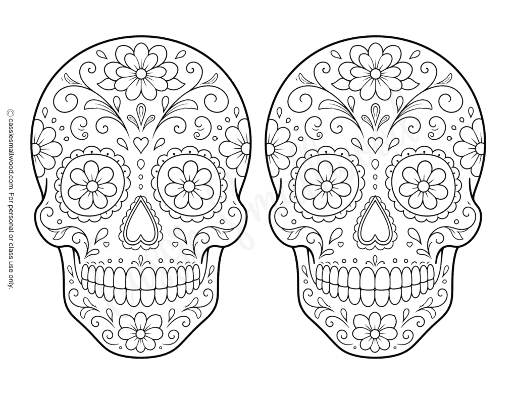 medium sugar skull template free printable pdf, sugar skull outline, sugar skull pattern, sugar skull stencil for crafts Halloween day of the dead dia de los muertos