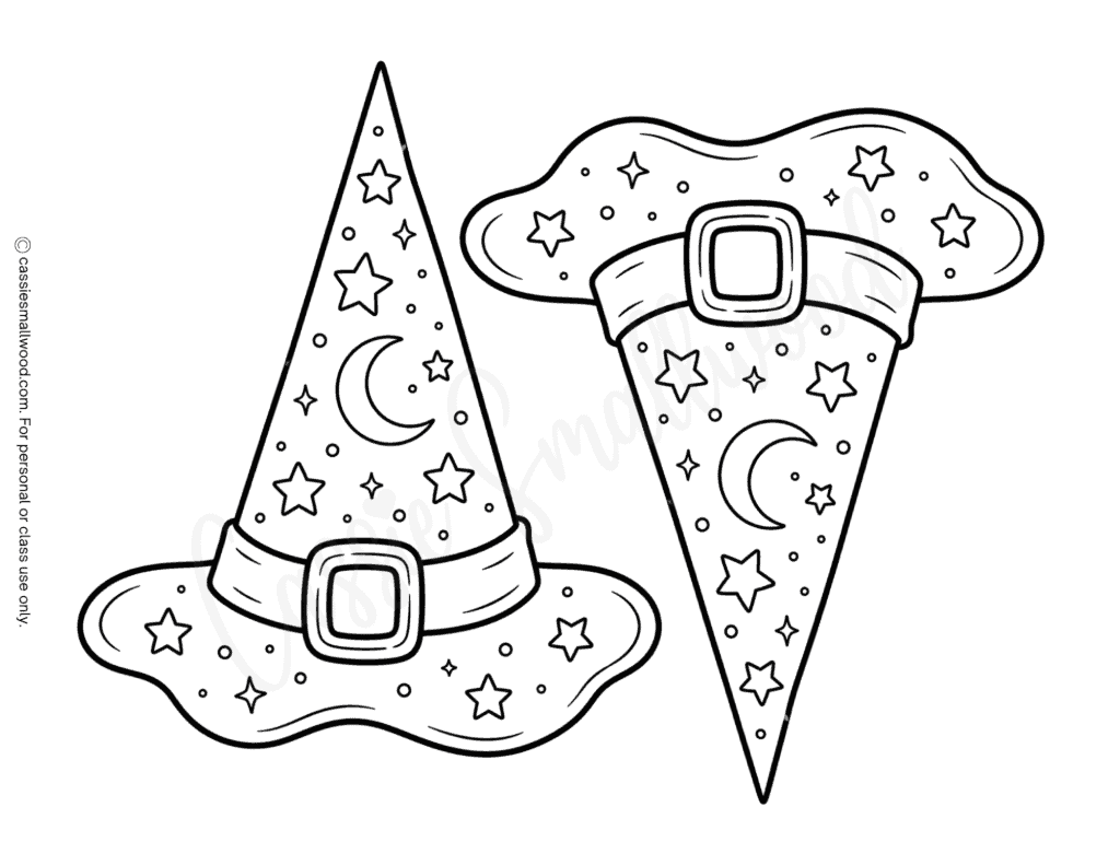 cute medium sized witch hat template free printable pdf, witch hat outline for Halloween crafts, witch hat Halloween coloring page, paper witch hat pattern