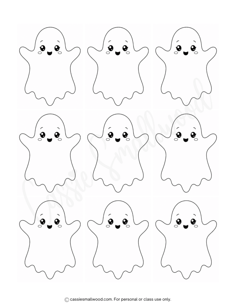 mini easy ghost templates free printable pdf, small cute ghost outlines, little kawaii ghost stencils for crafts Halloween
