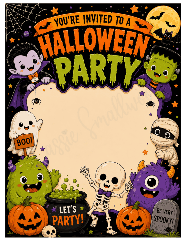 monster Halloween party invitation for kids free printable pdf, cute Halloween party invite for children, creative Halloween invitations template, blank Halloween party invitation cute