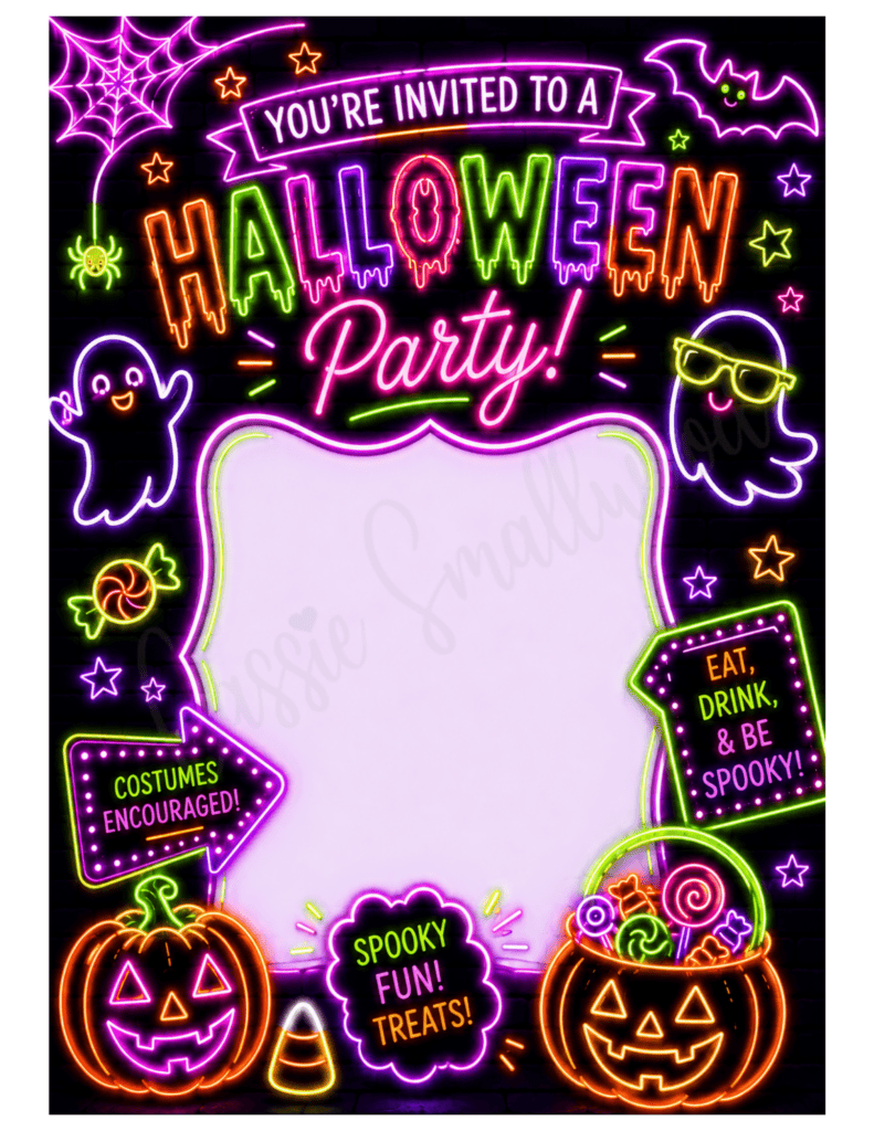 Neon glow Halloween party invitation free printable pdf, cute kids Halloween party invitation blank template, fun Halloween party invite empty