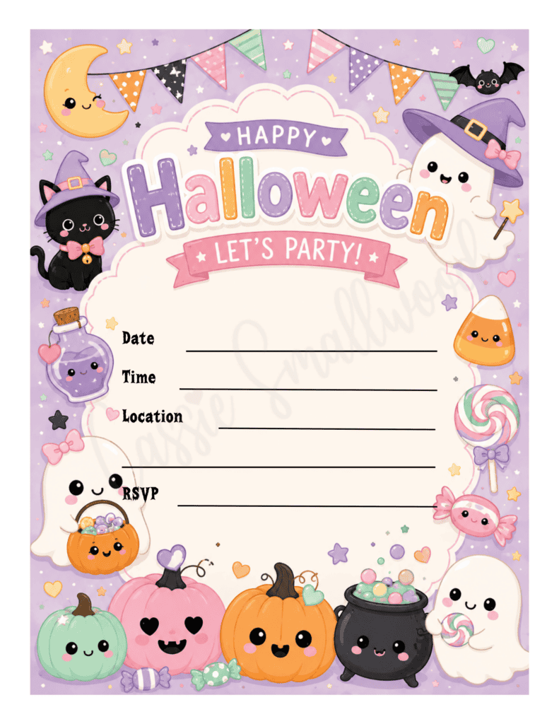 pastel Halloween party invitation for kids free printable pdf, kawaii Halloween invitation preschool, fun Halloween party invite for kids free printable downloadable pdf