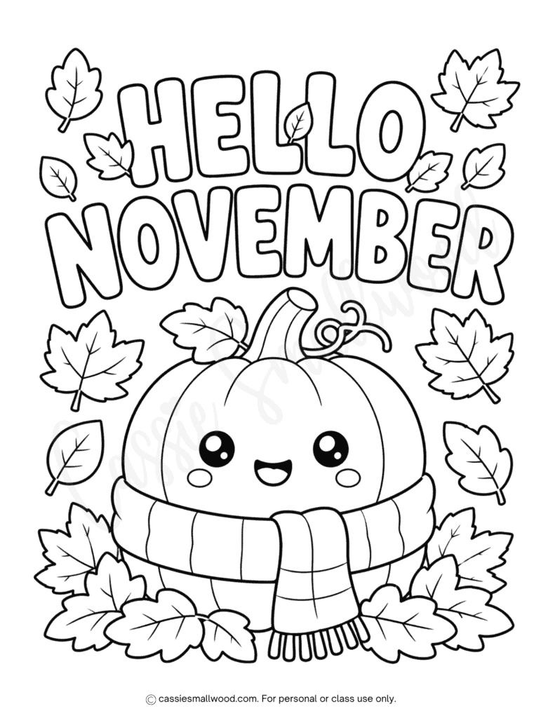 cute pumpkin hello November coloring page free printable pdf, November coloring sheets for kids, November classroom activities, kindergarten fall coloring page, kawaii preschool November coloring page simple easy