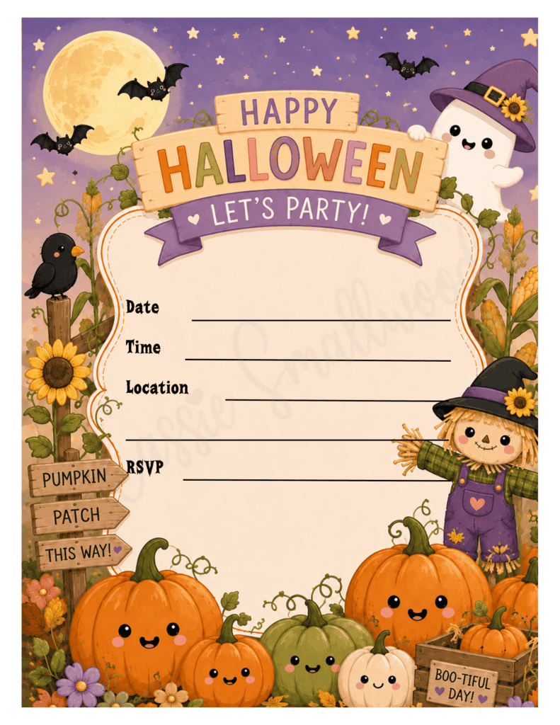 pumpkin patch Halloween party invitation for kids free printable pdf, cute Halloween party invites for children, Harvest Halloween invitation