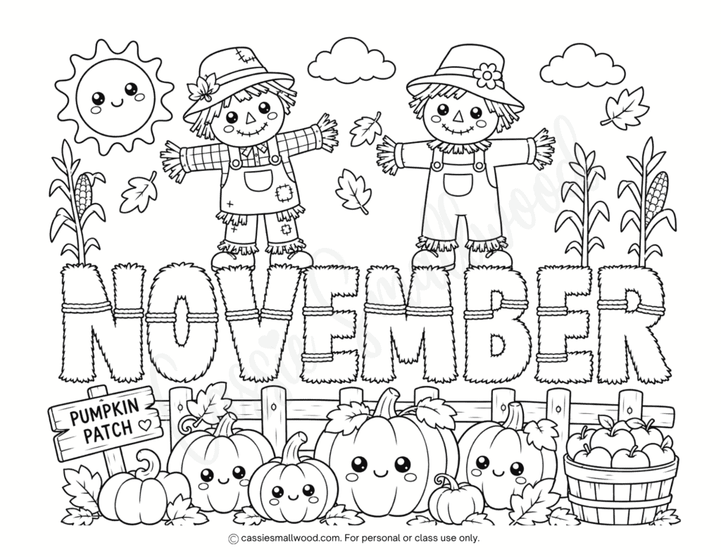 cute pumpkin patch November coloring page, kawaii pumpkin coloring sheet for kids, cute scarecrow coloring page, fall coloring page for kids