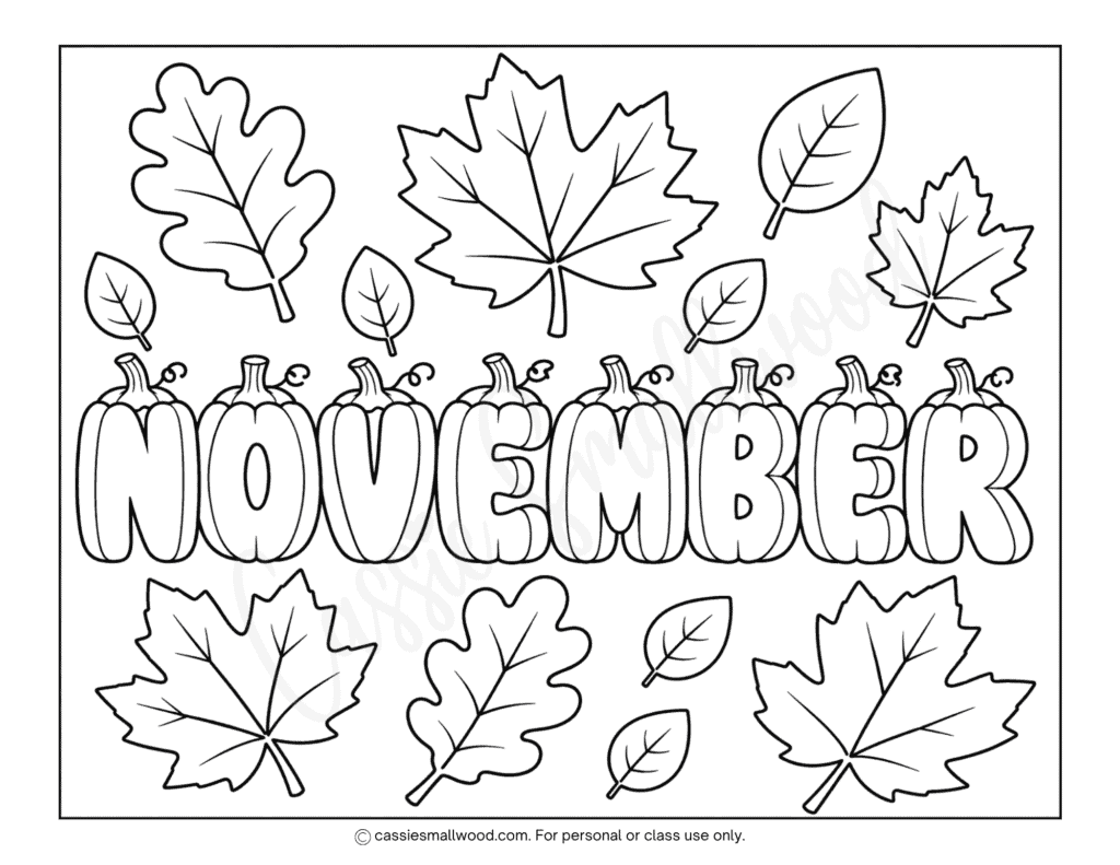 free printable simple November coloring page pdf, Pumpkin and leaves November coloring page for kids, fall coloring page easy preschool, basic November coloring sheet for toddlers