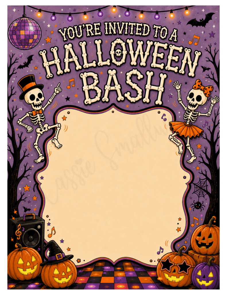 Free printable skeleton Halloween bash invitation pdf, blank Halloween party invitation template, Halloween invite template empty free download