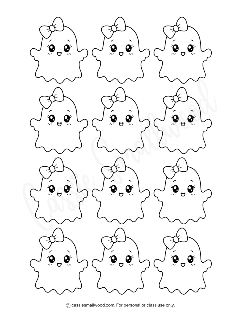 small girl ghost with bow outlines free printable pdf, cute kawaii girl ghost template mini, little girl ghost with bow stencil for Halloween craft templates