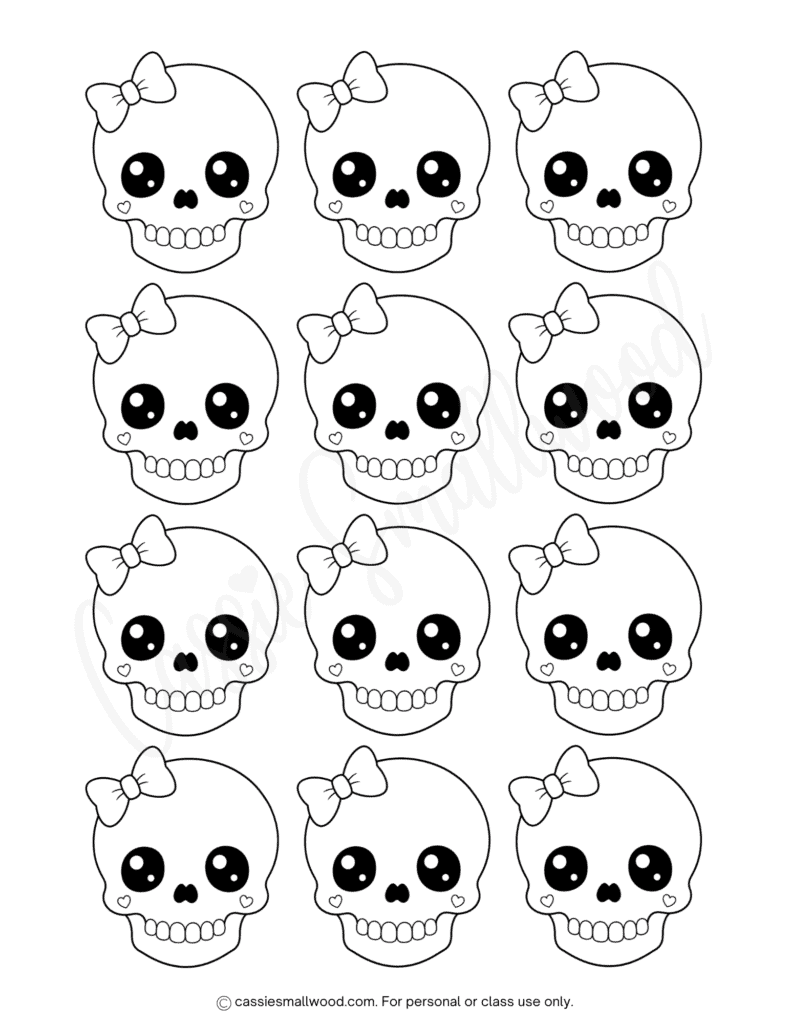small girl skull stencil free printable pdf, little girl skull template, small skull with bow outline, easy girl skull pattern, simple girl skull craft template Halloween