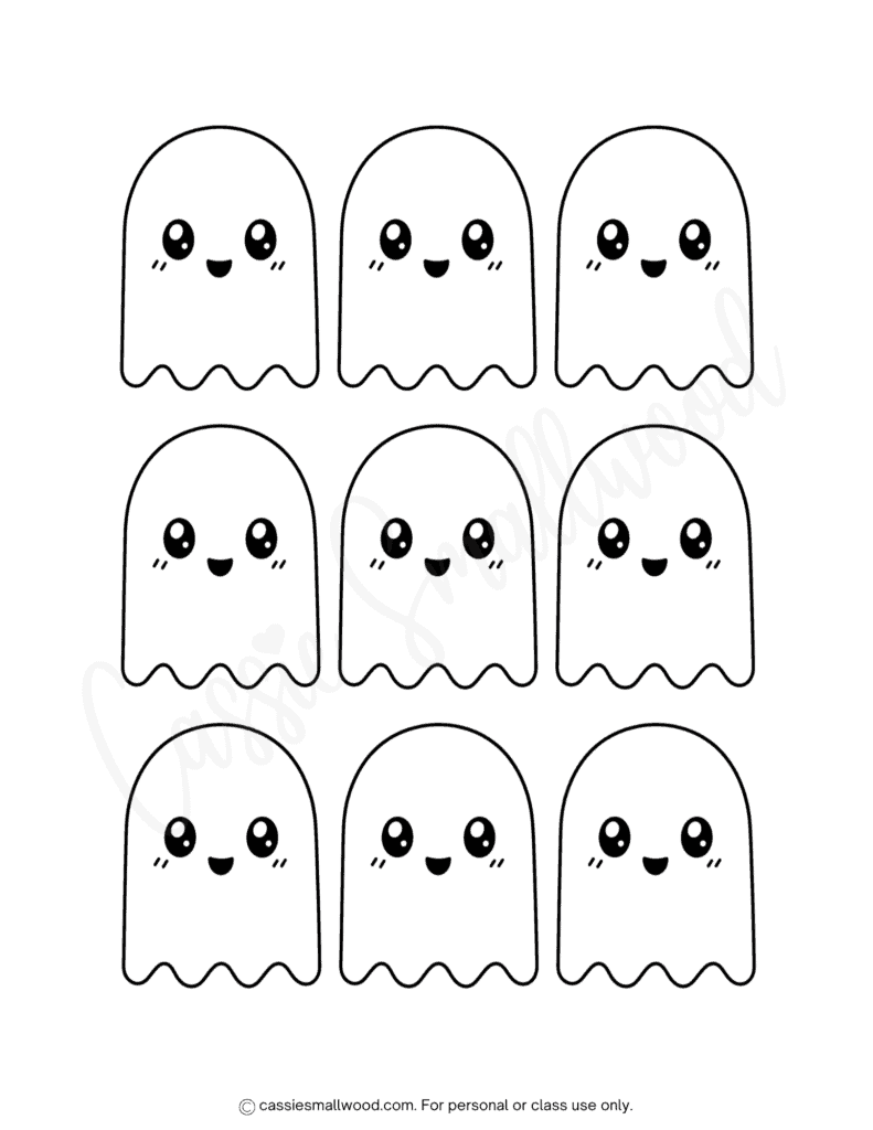 free printable small kawaii ghost outlines pdf, little pac man ghost templates, mini simple ghost shape stencils for crafts kids Halloween