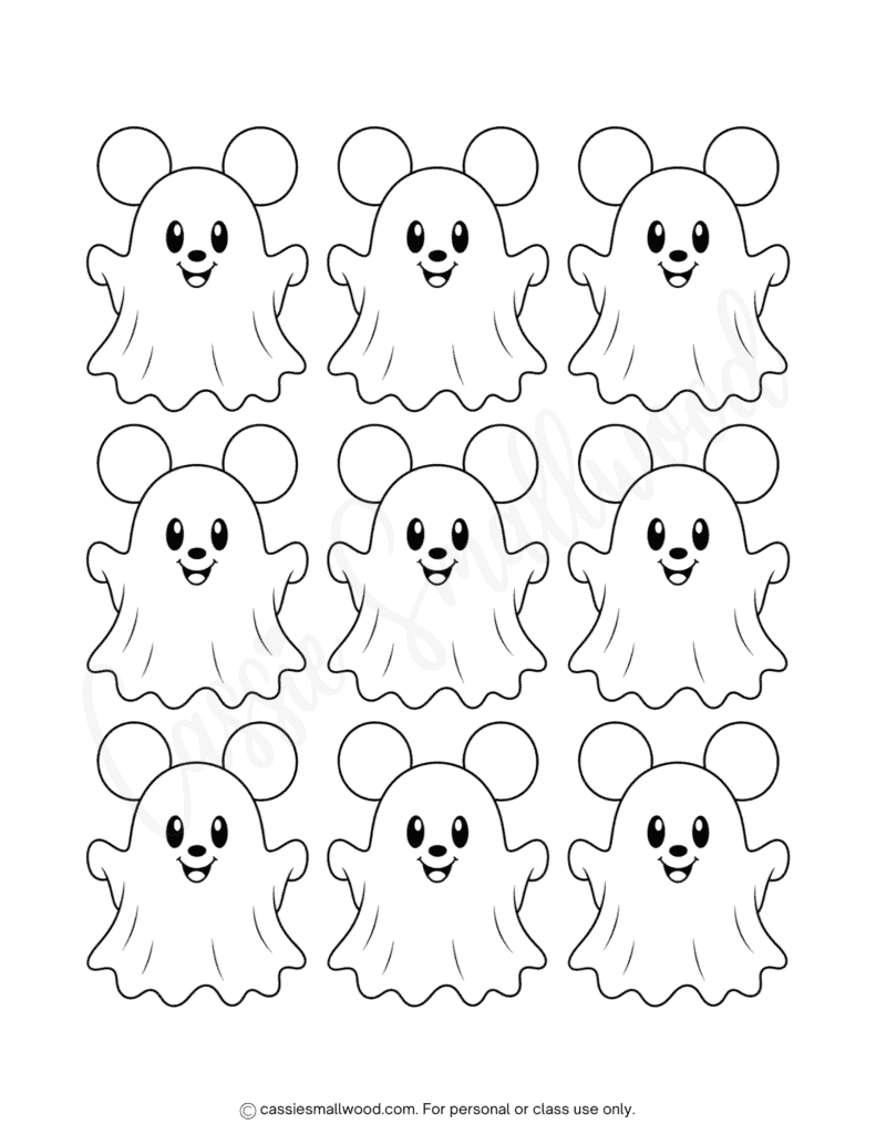 small Mickey ghost templates free printable pdf, cute cartoon mouse ghost outlines, kawaii Mickey ghost stencils for Halloween crafts for kids