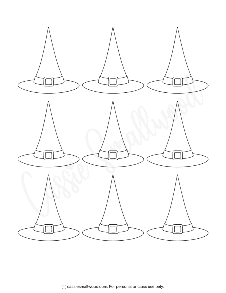 small pointy witch hat outline templates free printable pdf, little witch hat cut out, outline of witch hat, black and white witch hat pattern for kids Halloween crafts, witch hat stencils