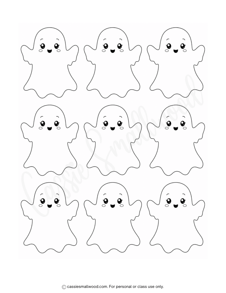 small puffy ghost stencil free printable pdf, little cute ghost outline cutouts, mini kawaii ghost stencils for kids crafts Halloween