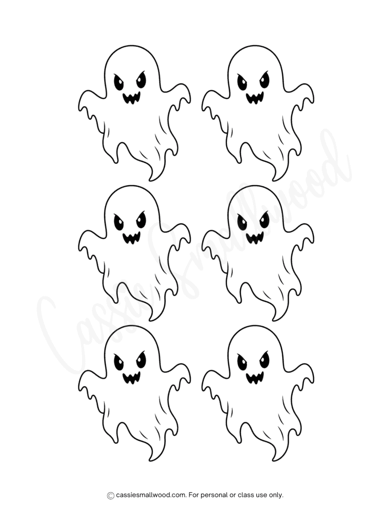 small spooky ghost templates free printable pdf, little scary ghost stencils, mini ghoul horror ghost outlines to cut out for Halloween crafts
