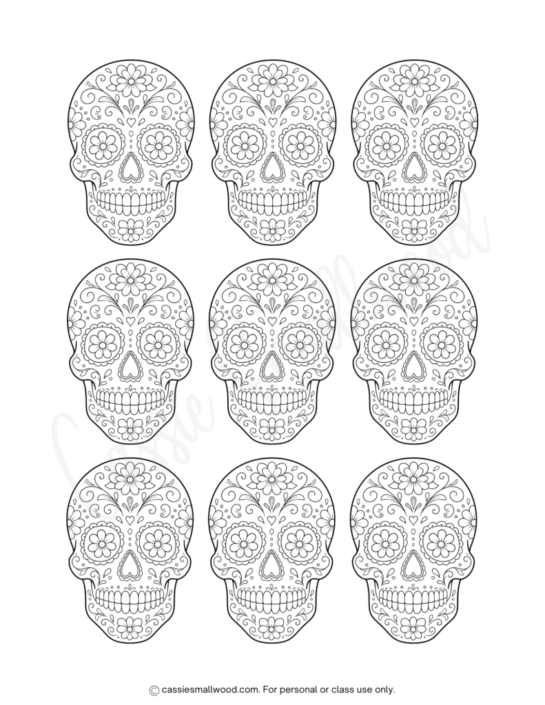 small sugar skull template free printable pdf, little sugar skull outline, mini sugar skull stencil, tiny sugar skull pattern dia de los muertos, Halloween, day of the dead