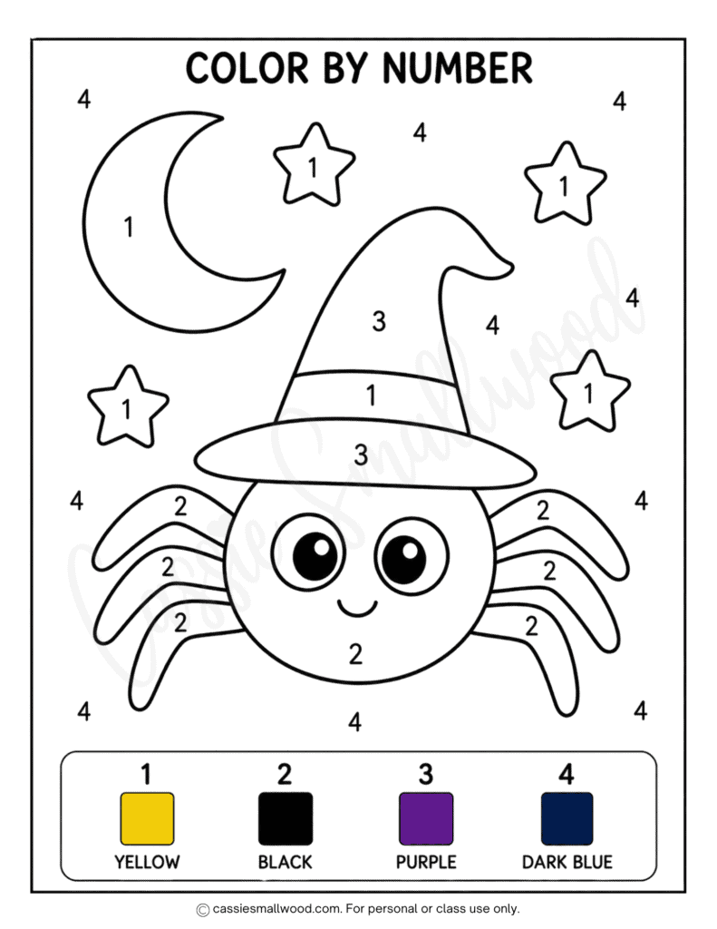 cute spider color by number free printable pdf, easy Halloween color by number preschool, kindergarten Halloween worksheets, fun free printable Halloween activities for 1st grade
