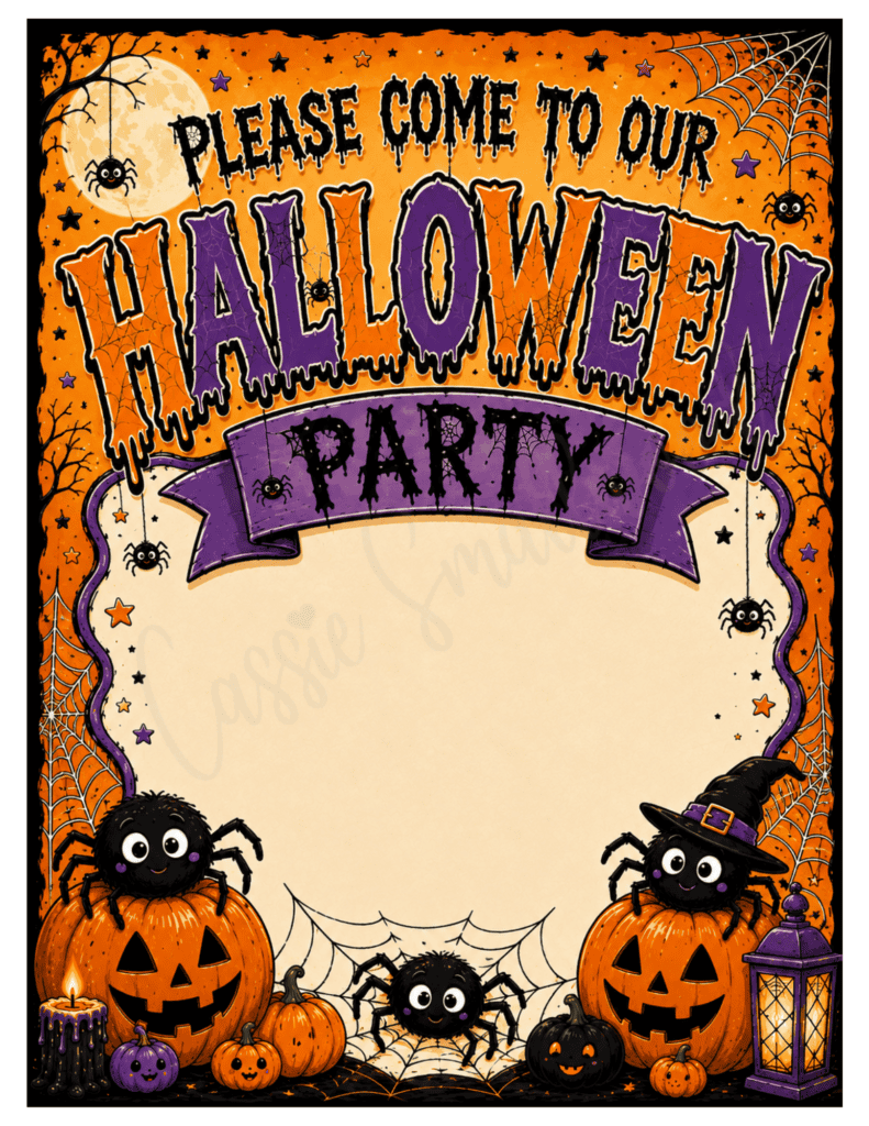 spider Halloween party invitation free printable pdf, cute blank Halloween party invitation for kids, Halloween invite template free download