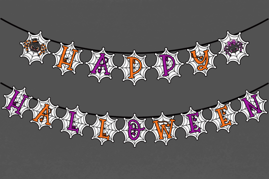 free printable spider web happy halloween banner pdf, Halloween bunting, free printable classroom Halloween decorations, diy Halloween decorations, Halloween garland free download