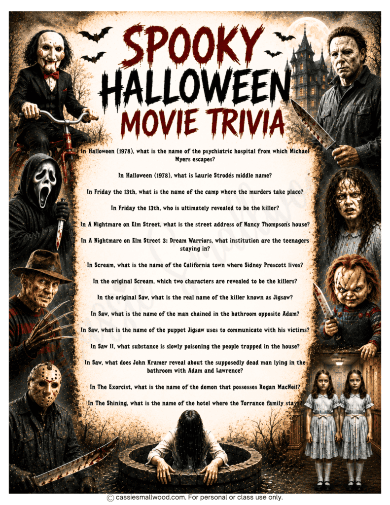 spooky Halloween movie trivia free printable pdf, Halloween party game for group, scary halloween movie quiz questions, Halloween horror movie trivia questions