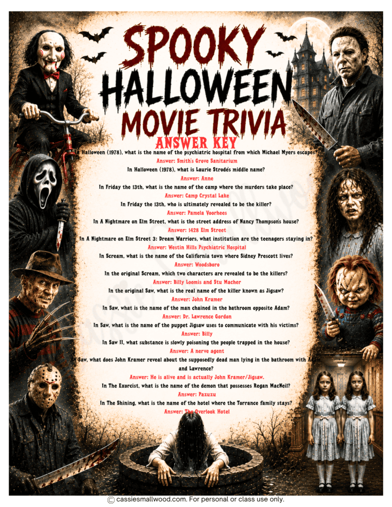 spooky Halloween movie trivia questions and answers free printable pdf, Halloween family game, Halloween party game free printable, horror movie trivia game, scary movie trivia questions and answers