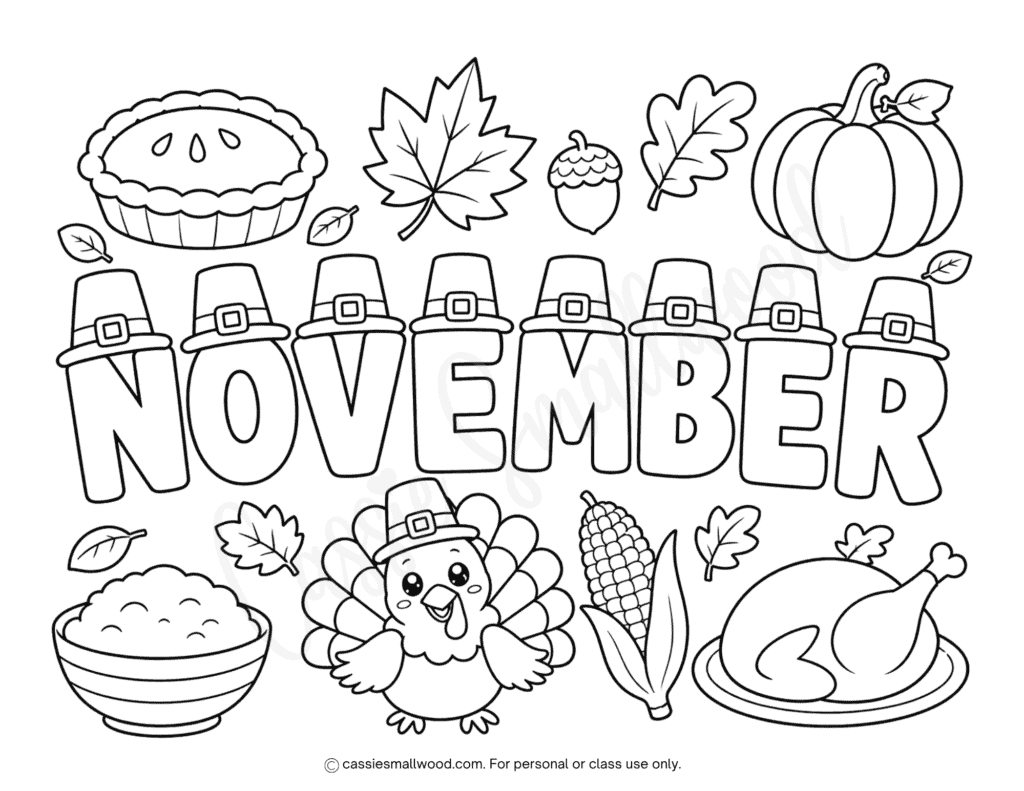 free printable Thanksgiving November coloring page pdf, cute November coloring sheet for kids, easy November coloring page preschool, Thanksgiving coloring page toddlers simple, basic fall coloring page kindergarten