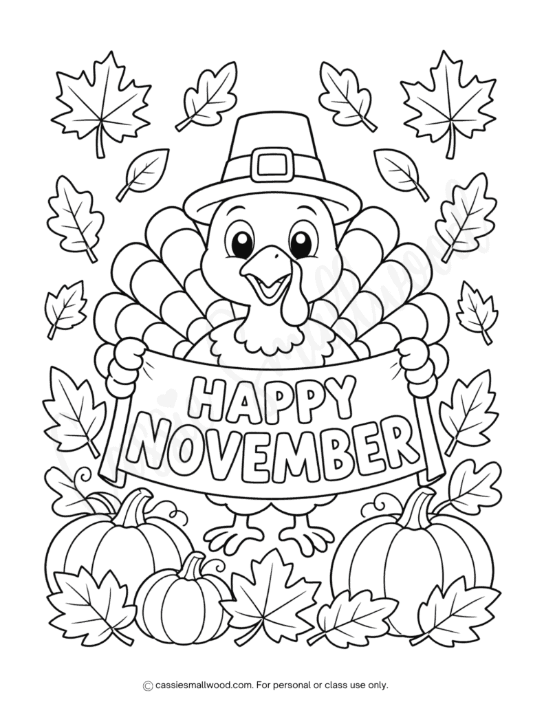 cute Thanksgiving turkey Happy November coloring page free printable pdf, cute turkey coloring page for kids, Thanksgiving coloring sheet for kids, simple fall coloring pages for preschool kindergarten 1st grade toddlers