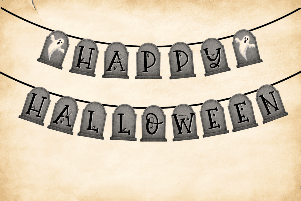 cute tombstone Happy Halloween banner free printable pdf, Happy Halloween bunting, diy Halloween decorations, free printable Halloween decorations, Halloween party banner free printable