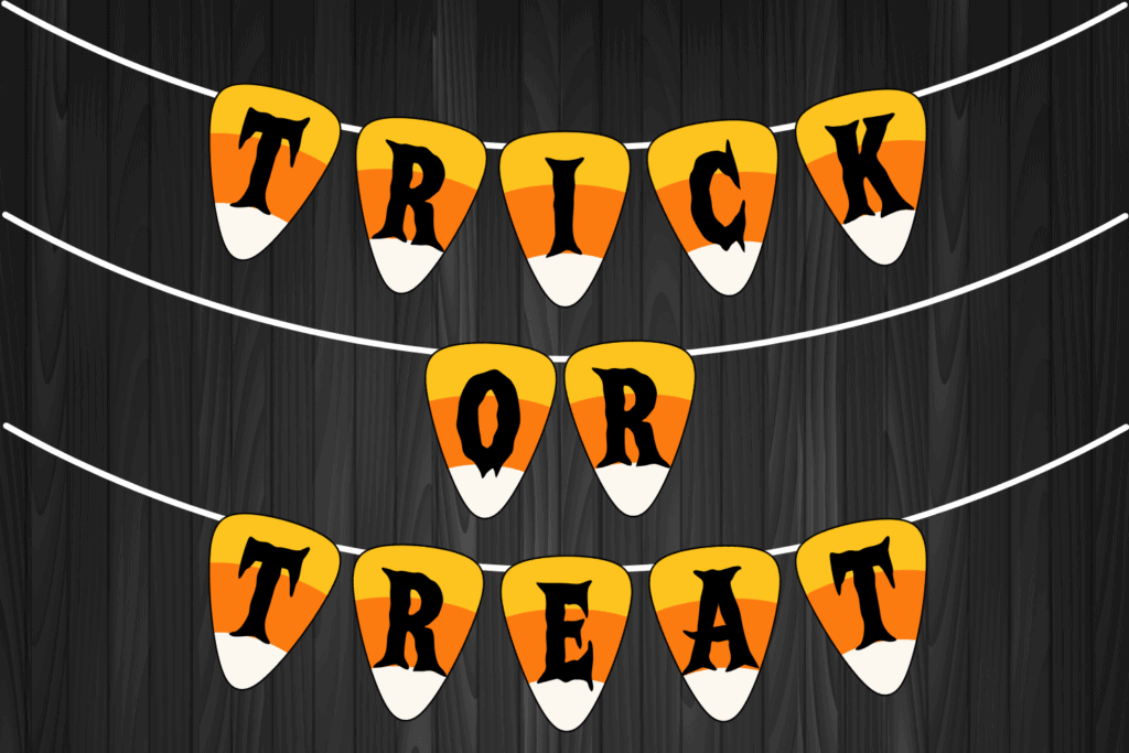 trick or treat Halloween banner free printable pdf, cute candy corn Halloween banner, Halloween bunting free printable Halloween decorations, Halloween party decorations free printable, classroom Halloween decorations school, trunk or treat decorations free printable