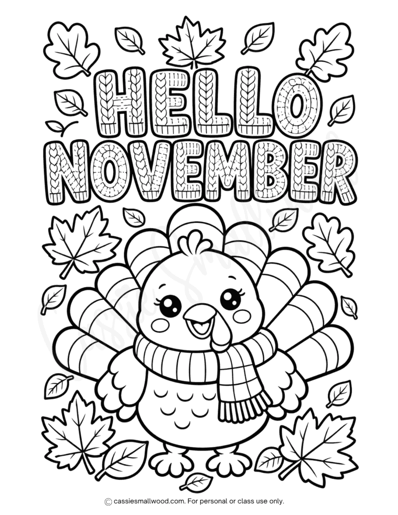 turkey hello November coloring page printable free pdf, cute November coloring pages for kids, cute turkey coloring sheet preschool, fun fall coloring pages for kindergarten