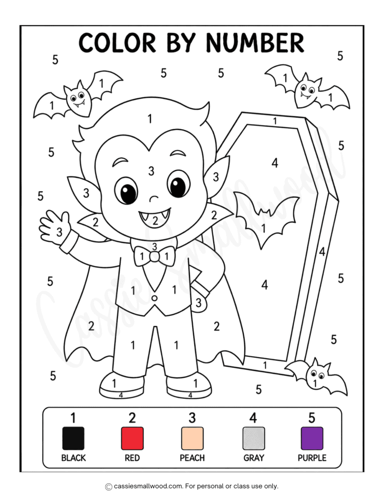 cute vampire color by number free printable pdf, easy Halloween color by number kindergarten, simple Halloween color by number 1st grade, preschool Halloween coloring sheets free download