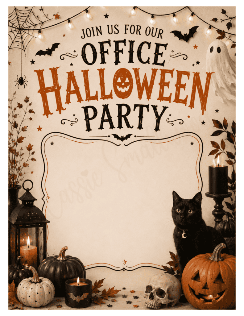 free printable vintage office Halloween party invitation template, work Halloween party invitation blank, office Halloween party flyer template