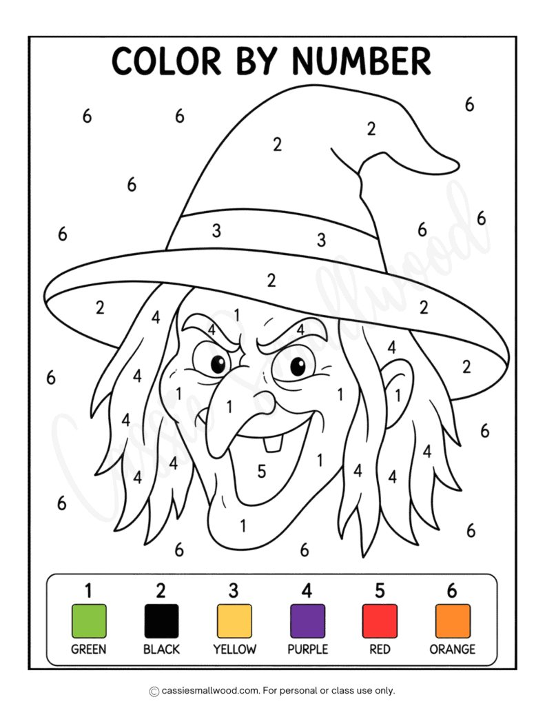 easy spooky witch Halloween color by number free printable pdf, simple Halloween activity for kids free printable, Kindergarten halloween worksheets, 1st grade Halloween activity sheets, preschool Halloween activities free printable